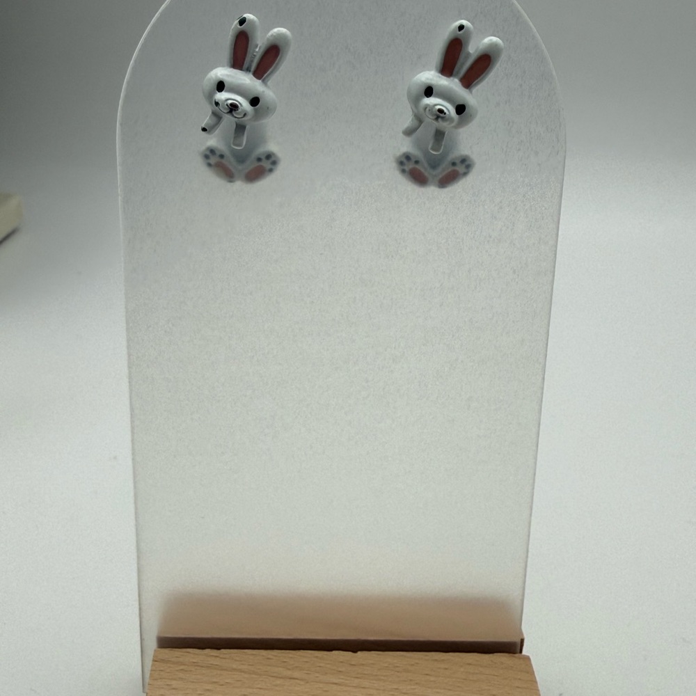 Cute White Enamel Bunny Stud Earrings with Pink Accents
